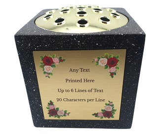 Personalised Printed Black Stone Effect Memorial Rose Bowl Grave Marker Flower Pot Vase With Flower Design (UV PRINTED)