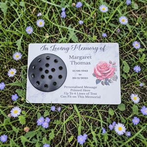 May include: A memorial plaque with the text "In Loving Memory of Margaret Thomas" and dates. It features a black flower holder, a pink rose illustration, and space for a personalized message. The plaque is surrounded by grass and small flowers.