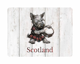Scottie Dog in Tartan Kilt Wood Effect MDF Rectangle Wall Art Various Sizes Available Scotland (UV PRINTED)