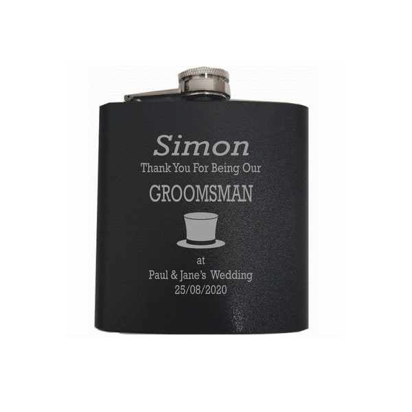 Personalised Wedding Groomsman Top Hat Design 6oz Black Shiny Hip Flask In A Paper Box HF602