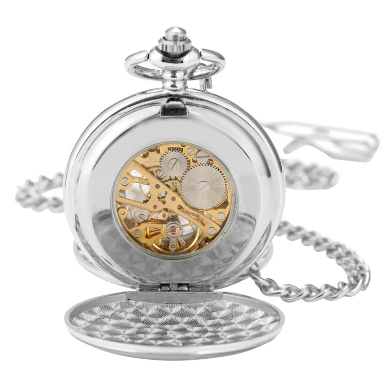 Personalised Silver Full Hunter Pocket Watch With Roman Numeral Dial & Chain any text engraved on front of watch image 2