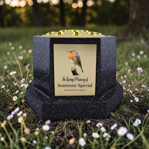 May include: A black memorial urn with a gold-colored top and a rectangular plaque featuring a robin perched on a branch. The plaque reads "In Loving Memory of Someone Special, Gone But Never Forgotten."