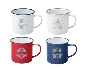 Personalised Initial Enamel Camping Mug 13.5oz (38cl) Engraved Perfect For Hot Cold Drinks Outdoors Camping Campervan Picnic