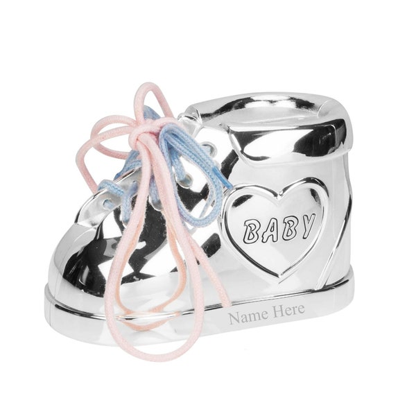 Personalised Engraved Silver-plated Baby Bootie Bank Money Box With Pink & Blue Lace Christening / Birthday / Baby Gift