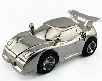 Personalised Engraved Silver-plated Racing Car Bank Money Box Christening / Birthday Gift