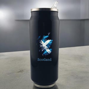 Botella de pared doble con diseño de mapa de Escocia y texto de Escocia, estilo lata, 500 ml, 17,5 oz, para uso en frío y caliente, disponible en 4 colores (impresión UV)