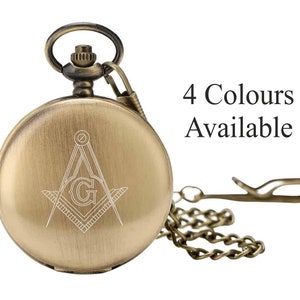 May include: A gold pocket watch with a chain and a Masonic symbol engraved on the face. 4 Colours Available.