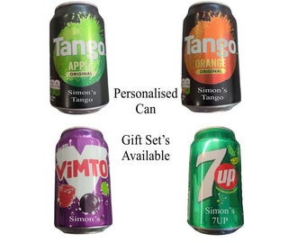 Personalised Engraved Tango 7up Vimto Can's & 10oz Mixer Glass In Silk Lined Gift Box or Can Only Perfect Gift For Birthday Him Her