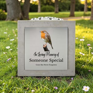 May include: A square, light gray memorial stone with a metal plaque featuring a robin perched on a branch. The plaque reads "In Loving Memory of Someone Special, Gone But Never Forgotten."