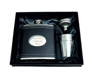 Personalised Engraved 6oz Black Genuine Leather Hip Flask Various Boxes Available