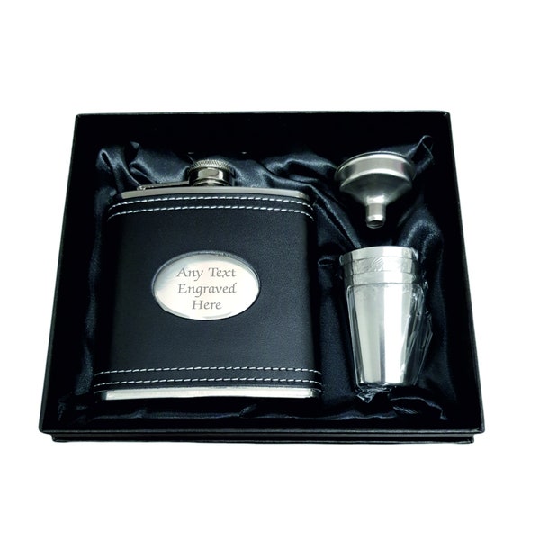 Personalised Engraved 6oz Black Genuine Leather Hip Flask Various Boxes Available