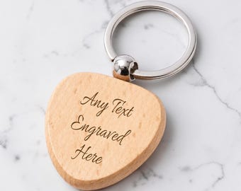 Personalised Engraved Heart Wooden Keyring Any Text New House Car Birthday