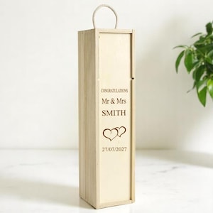 Bouteille de vin en bois gravée personnalisée et boîte-cadeau Divers modèles et tailles de boîte disponibles Cadeau parfait pour un anniversaire, un mariage, une retraite