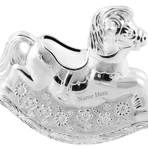 Personalised Engraved Silver-plated Rocking Horse Bank Money Box Christening / Birthday Gift