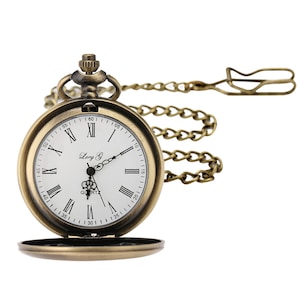 Personalised Antique Gold Pocket Watch With Roman Numeral Dial & Chain any text engraved on front of watch