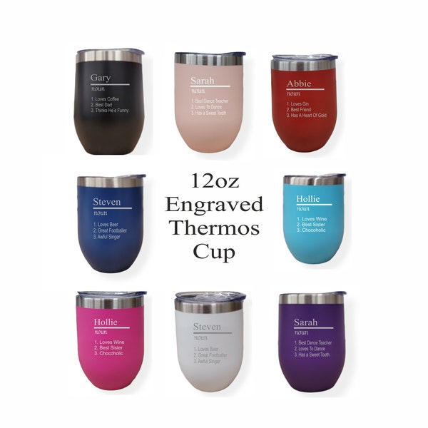 Personalised Name Noun/Definition 12oz Thermos Insulated Travel Cup Hot Cold Coffee Tea 8 Colours Available