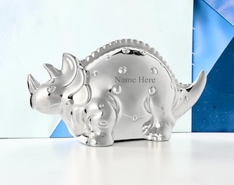 Personalised Engraved Silver-plated Dinosaur  Bank Money Box Christening / Birthday Gift