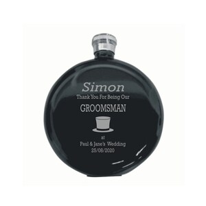 Personalised Wedding Groomsman Top Hat Design 5oz Round Polished Black Hip Flask In A Paper Box HF602