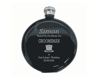 Personalisierte Hochzeit Groomsman Top Hat Design 5 Unzen runden polierten schwarzen Flachmann in einer Pappschachtel HF602