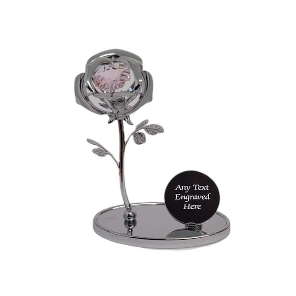 Personalised Engraved Crystocraft Rose Ornament With Pink Crystal With Circle Panel Ideal For Birthday Mothers Day Christmas Gift
