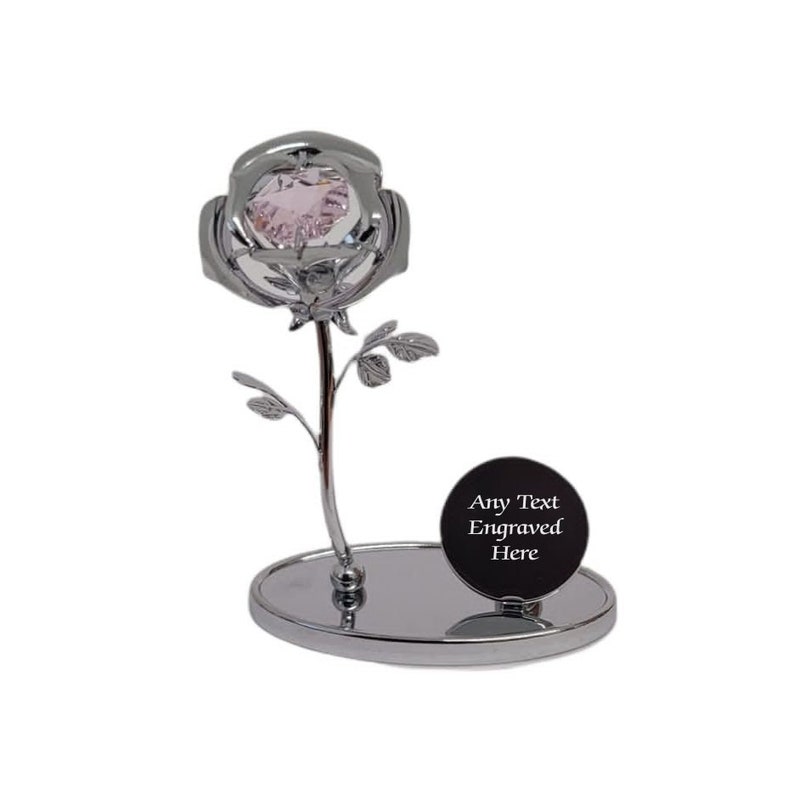 Personalised Engraved Crystocraft Rose Ornament With Pink Crystal With Circle Panel Ideal For Birthday Mothers Day Christmas Gift image 1