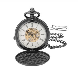 Personalised Black Full Hunter Pocket Watch With Roman Numeral Dial & Chain any text engraved on front of watch