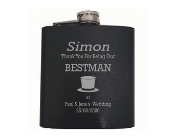 Gepersonaliseerde bruiloft bestman hoge hoed ontwerp 6oz zwarte glanzende heupfles in een papieren doos HF601