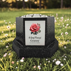 In Loving Memory Of Memorial Octagon Rose Bowl Grave Marker Flower Pot Vase With Rose Design Mum Dad & Lots More Black/Silver (UV PRINTED)