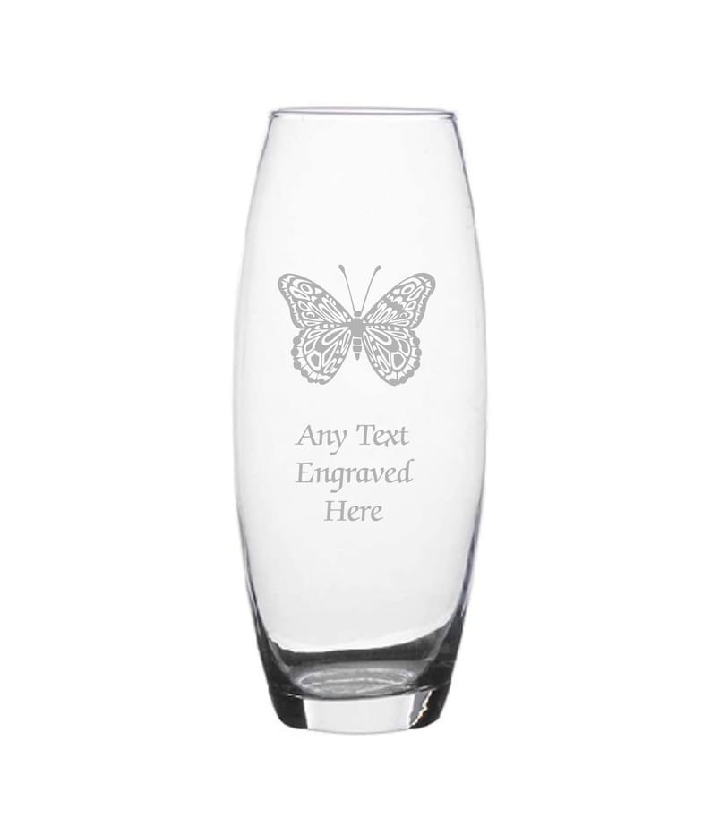 Personalised Engraved Double Heart Bullet Glass Vase Various Designs and Sizes Available Perfect Gift For Mothers Day Birthdays Wedding Butterfly