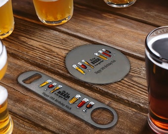 Personalised Bar Blade Bottle Opener & Coaster Set Brushed Silver Various Designs Available Perfect Gift For Birthday Christmas (UV PRINTED)