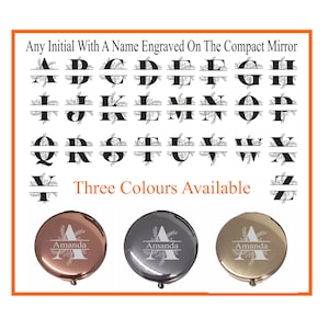 May include: Three compact mirrors with different coloured frames: rose gold, silver, and gold. Each mirror has a floral design and the name "Amanda" engraved with the letter "A" in a larger font. The image also shows a chart of the alphabet with floral designs.