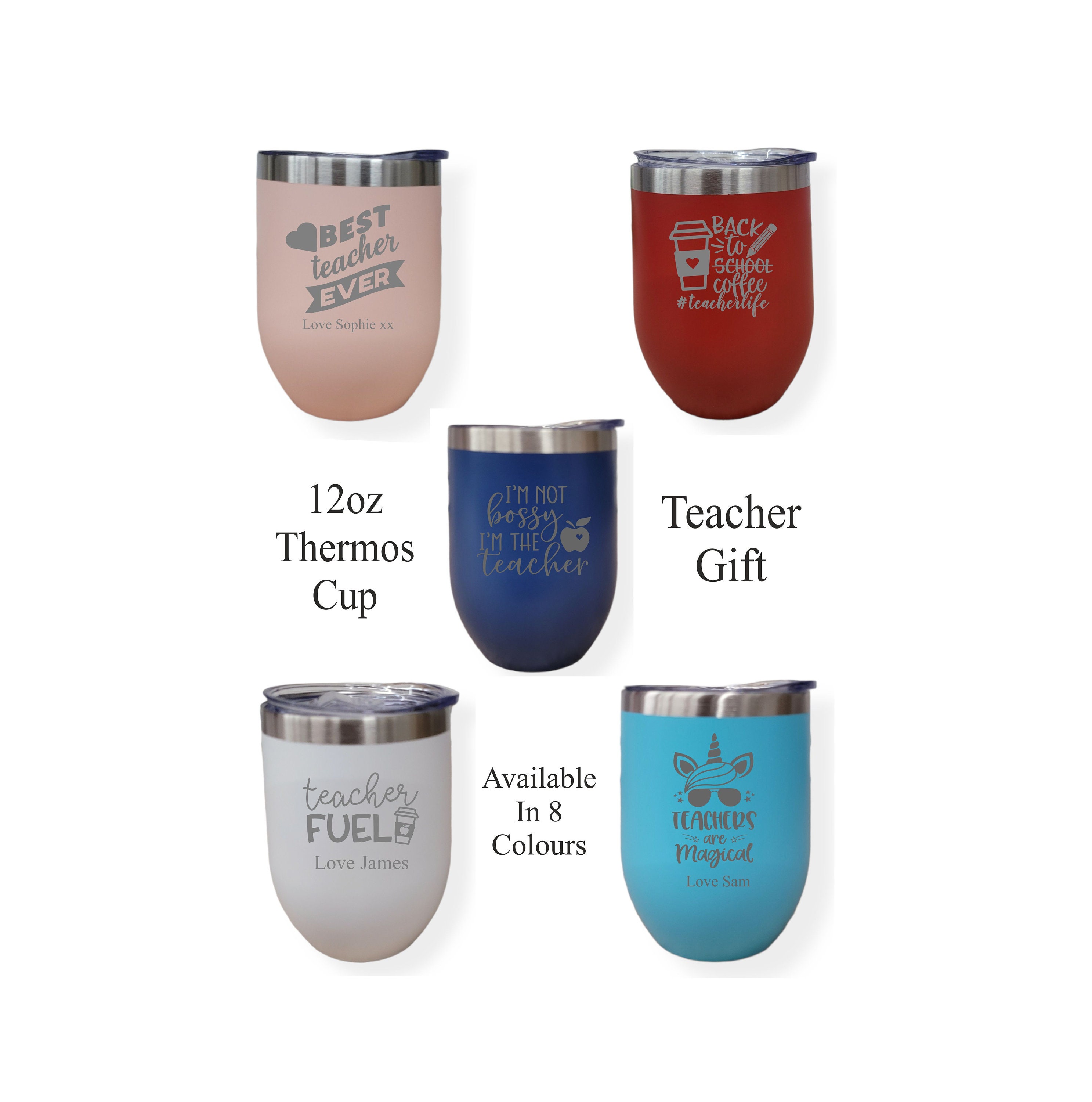 Personalised Engraved Any Initial Double Wall Insulated Thermos Cup 500ml  17.5oz Hot Cold Coffee Tea 6 Colours Available 