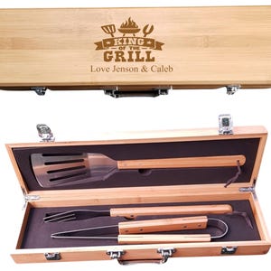 Personalised Engraved Luxury Bamboo BBQ Tools Gift Set Various Designs Available Fathers Day Birthday Christmas Wedding Retirement Gift