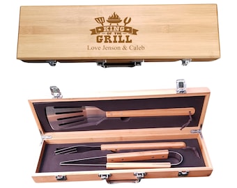 Personalised Engraved Luxury Bamboo BBQ Tools Gift Set Various Designs Available Fathers Day Birthday Christmas Wedding Retirement Gift
