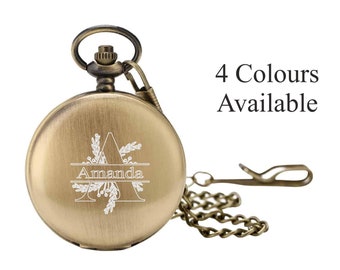 Personalised Engraved Full Hunter Pocket Watch With Roman Numeral Dial & Chain Any Initial Engraved On Front Of Watch Various Colours