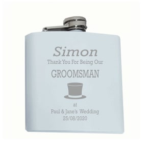 Personalised Wedding Groomsman Top Hat Design 6oz White Hip Flask In A Paper Box HF602