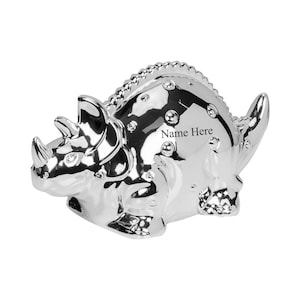 Personalised Engraved Silver-plated Dinosaur  Bank Money Box Christening / Birthday Gift