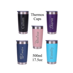 Personalised Engraved Any Name Double Wall Insulated Thermos Cup 500ml 17.5oz Hot Cold Coffee Tea 5 Colours Available