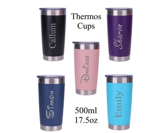 Personalised Engraved Any Name Double Wall Insulated Thermos Cup 500ml 17.5oz Hot Cold Coffee Tea 5 Colours Available