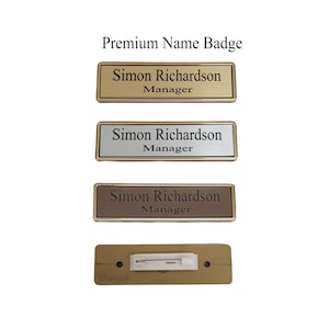 Personalised Engraved Premium Rectangle Name Badge With Polished Gold Framed And Brush Effect Insert