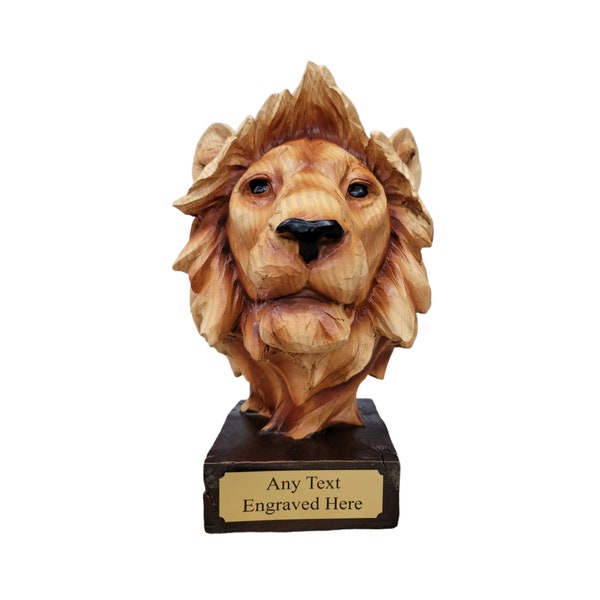 Personalised Lion Head Nature Craft wood Effect Resin Figurine Ornament Wedding/ Anniversary/ Birthday/ Retirement