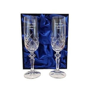 Personalised Engraved Pair Of Crystal Fully Cut Champagne Flutes In Silk Lined Gift Box Perfect For Wedding Birthday Retirement Anniversary