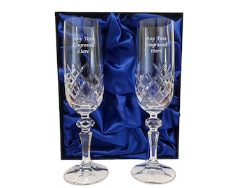 Personalised Engraved Pair Of Crystal Fully Cut Champagne Flutes In Silk Lined Gift Box Perfect For Wedding Birthday Retirement Anniversary