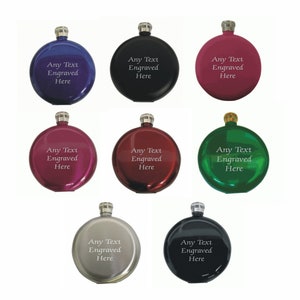 Personalised Engraved 5oz Round Hip Flask Available In Various Colours