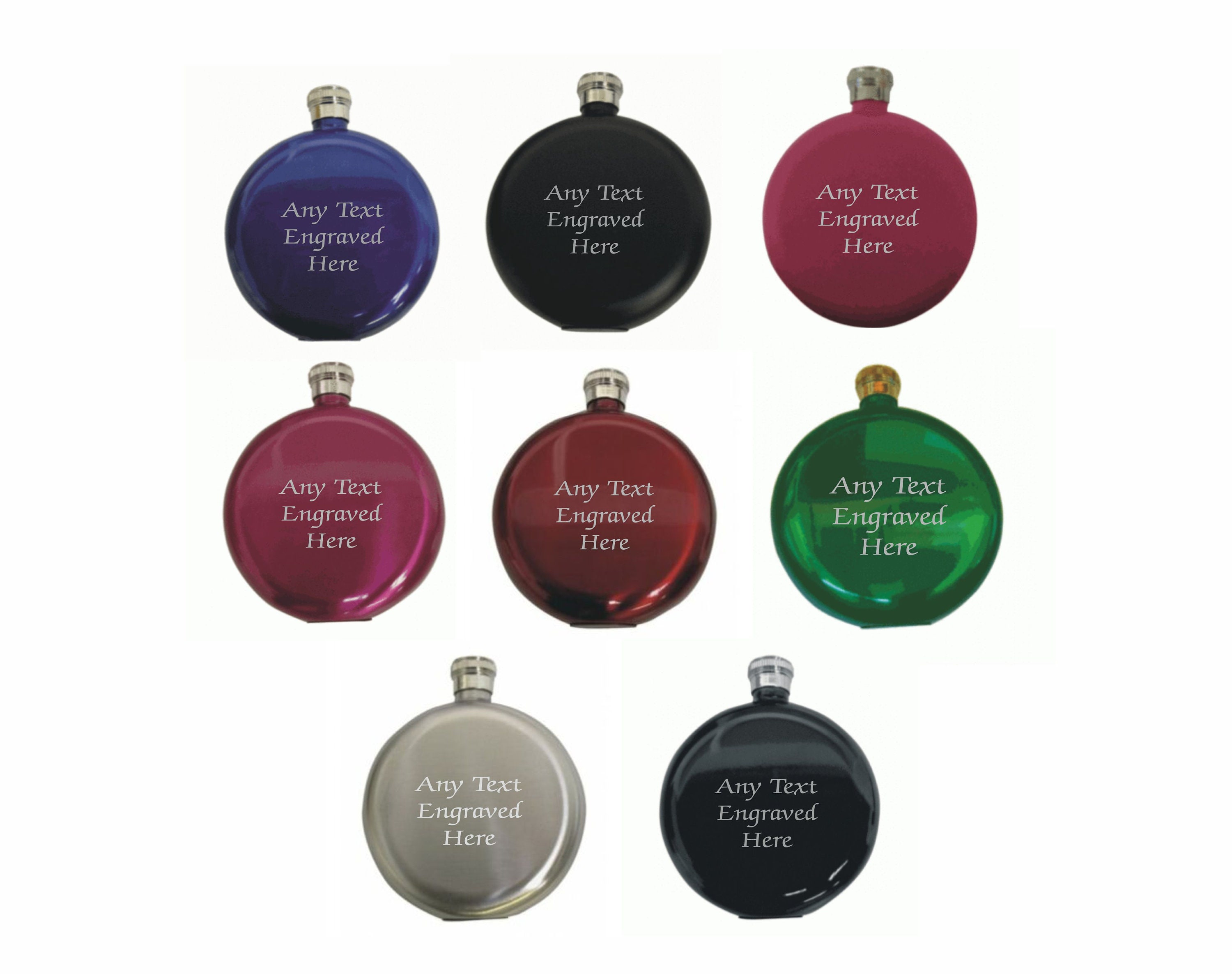 Personalised Engraved 5oz Round Hip Flask Available In Various Colours