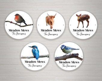 Personalised Round Birds Highland Cow Deer House Sign Plaque Pet House Number Gate Sign Metal Aluminium (UV PRINTED)