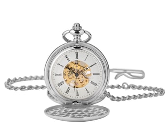 Reloj de bolsillo Full Hunter de plata personalizado con esfera de números romanos y cadena con cualquier texto grabado en la parte delantera del reloj