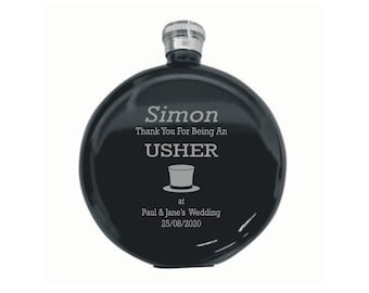 Personalised Wedding Usher Top Hat Design 5oz Round Polished Black Hip Flask In A Paper Box HF600