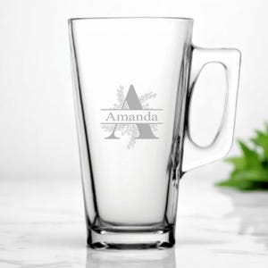 Personalisierte gravierte Initial Latte Glas konische Becher 13,25 Unzen (38cl) - gehärtet