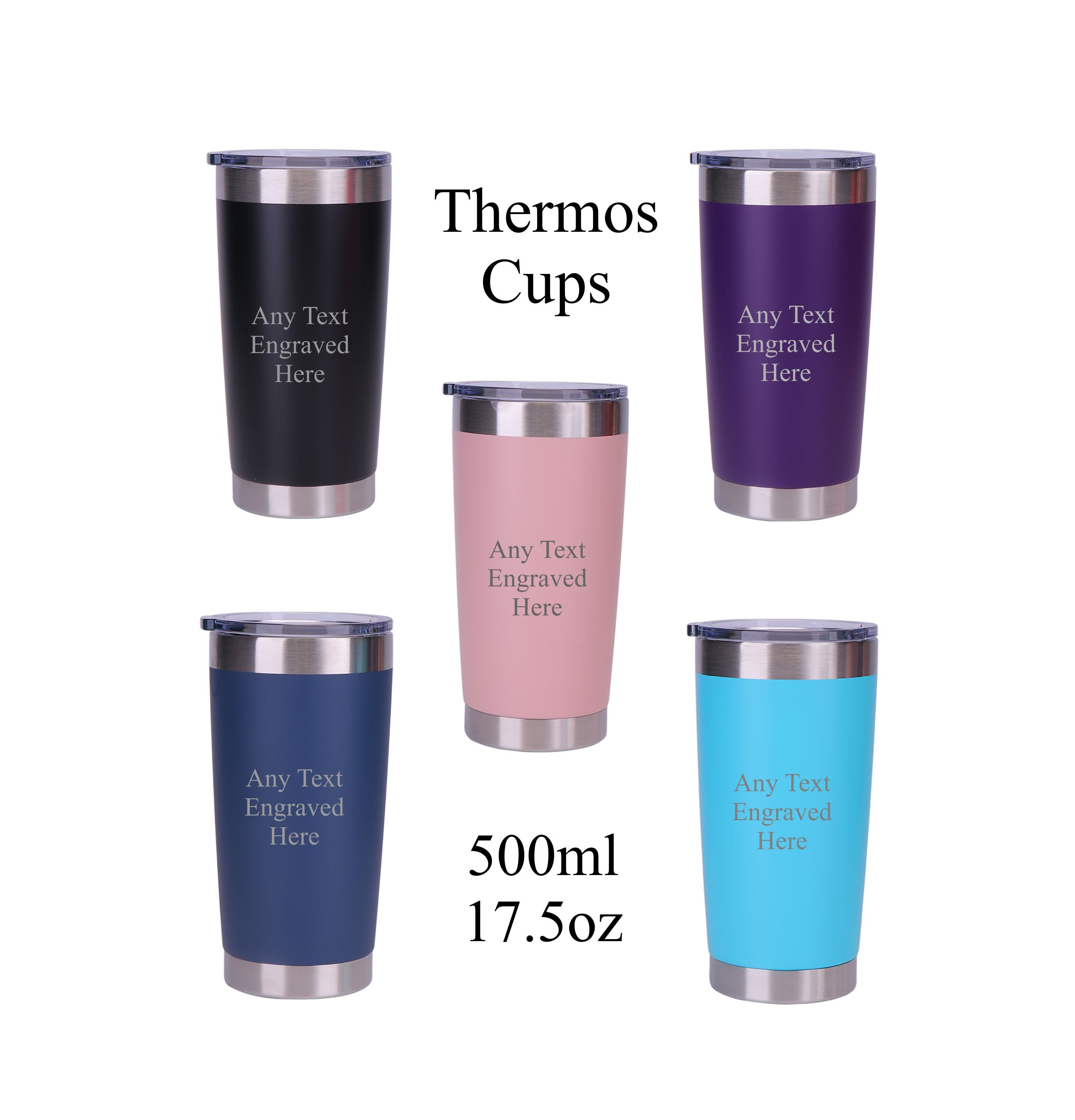 Personalised Engraved Any Message Double Wall Insulated Thermos Cup 500ml  17.5oz Hot Cold Coffee Tea 6 Colours Available 